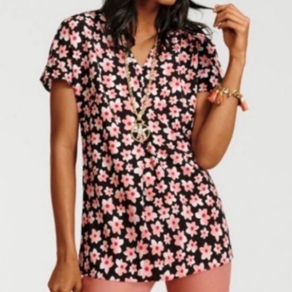CAbi Harmony Pink & Black Floral Print V-Neck Blouse